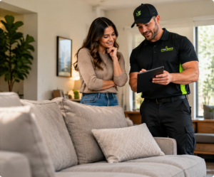 ClearSpace representative discussing couch removal pricing with a homeowner in Atlanta