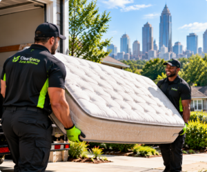 ClearSpace junk removal crew carrying a mattress for disposal in Atlanta